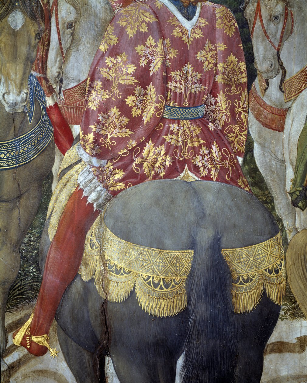 Rytíř na koni v sumptuos přitahuje, detail z Klanění tří králů (Freska od Benozzo di Lese di Sandro Gozzoli