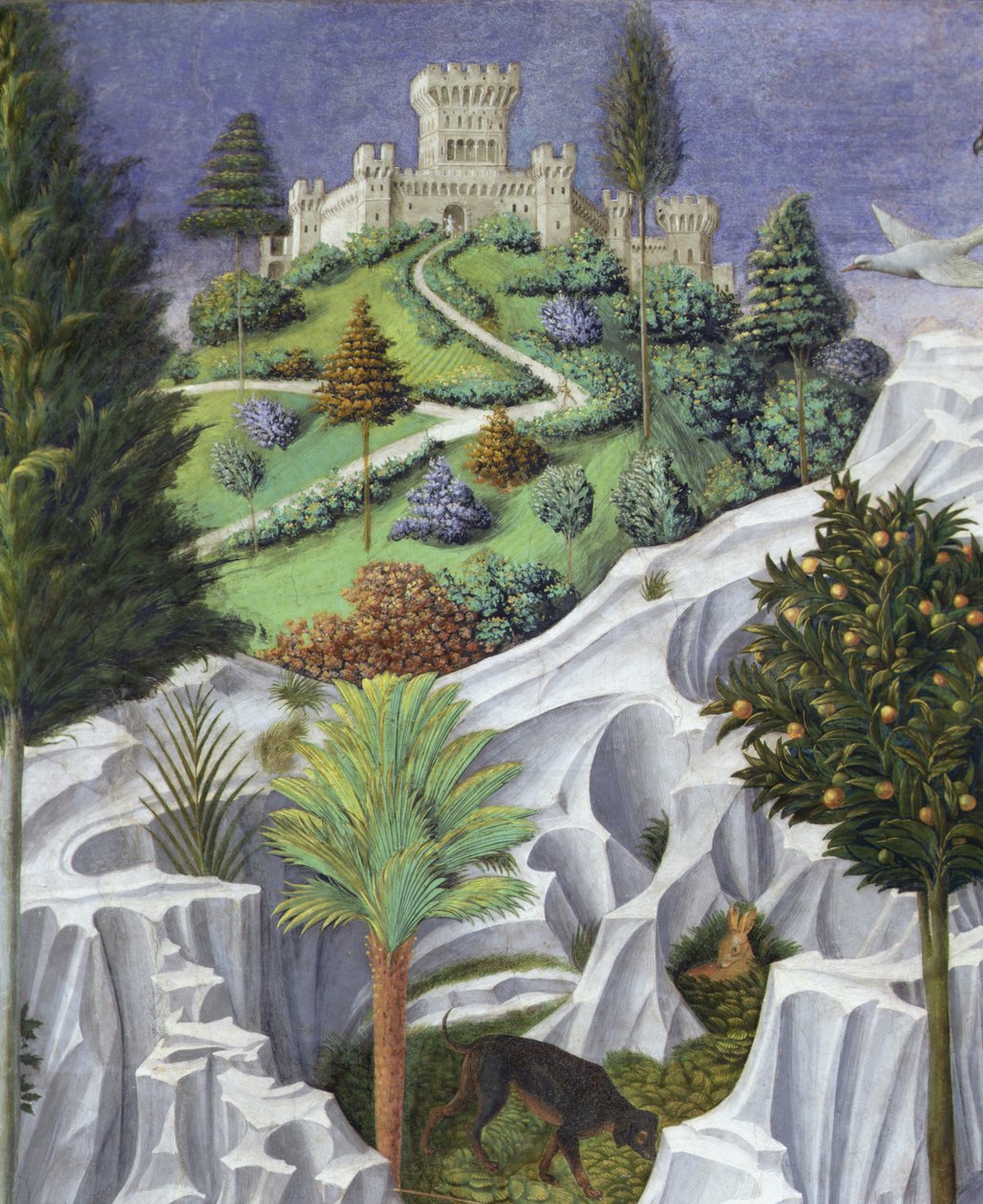 Krajina se zámkem, detail z Průvodu tří králů do Betléma od Benozzo di Lese di Sandro Gozzoli