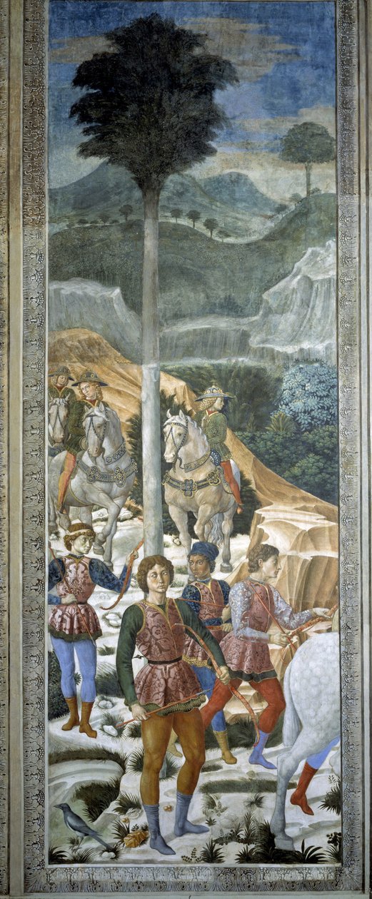 Lučištníci v livrejích, detail z cyklu Cesta mudrců v kapli, asi 1460 (freska) od Benozzo di Lese di Sandro Gozzoli