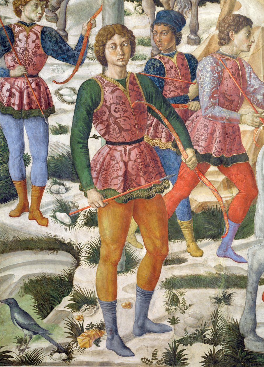 Lukostřelci v livrejích, detail z cyklu Cesta tří králů v kapli, detail fresky cca 1460 z 70630 od Benozzo di Lese di Sandro Gozzoli