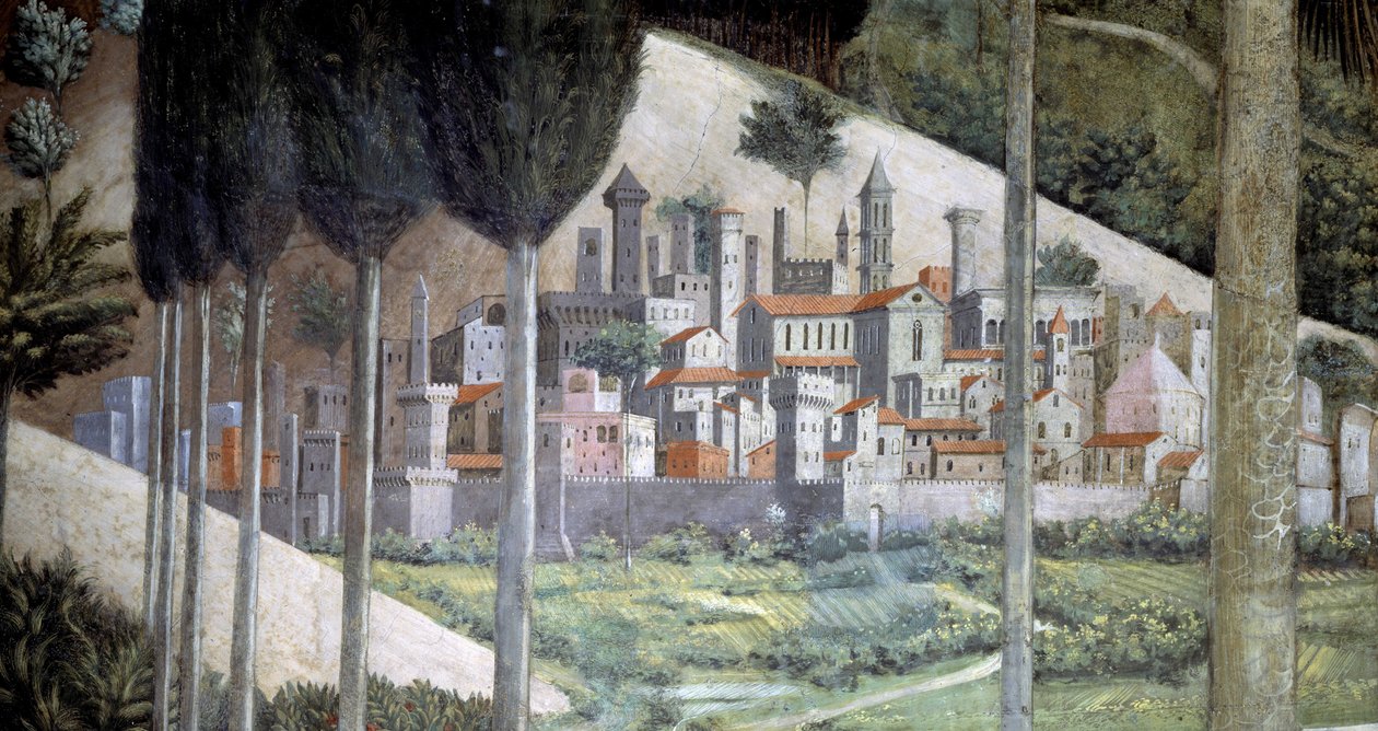 Středověké město, detail z cyklu Cesta mudrců v kapli, asi 1460 (freska) od Benozzo di Lese di Sandro Gozzoli