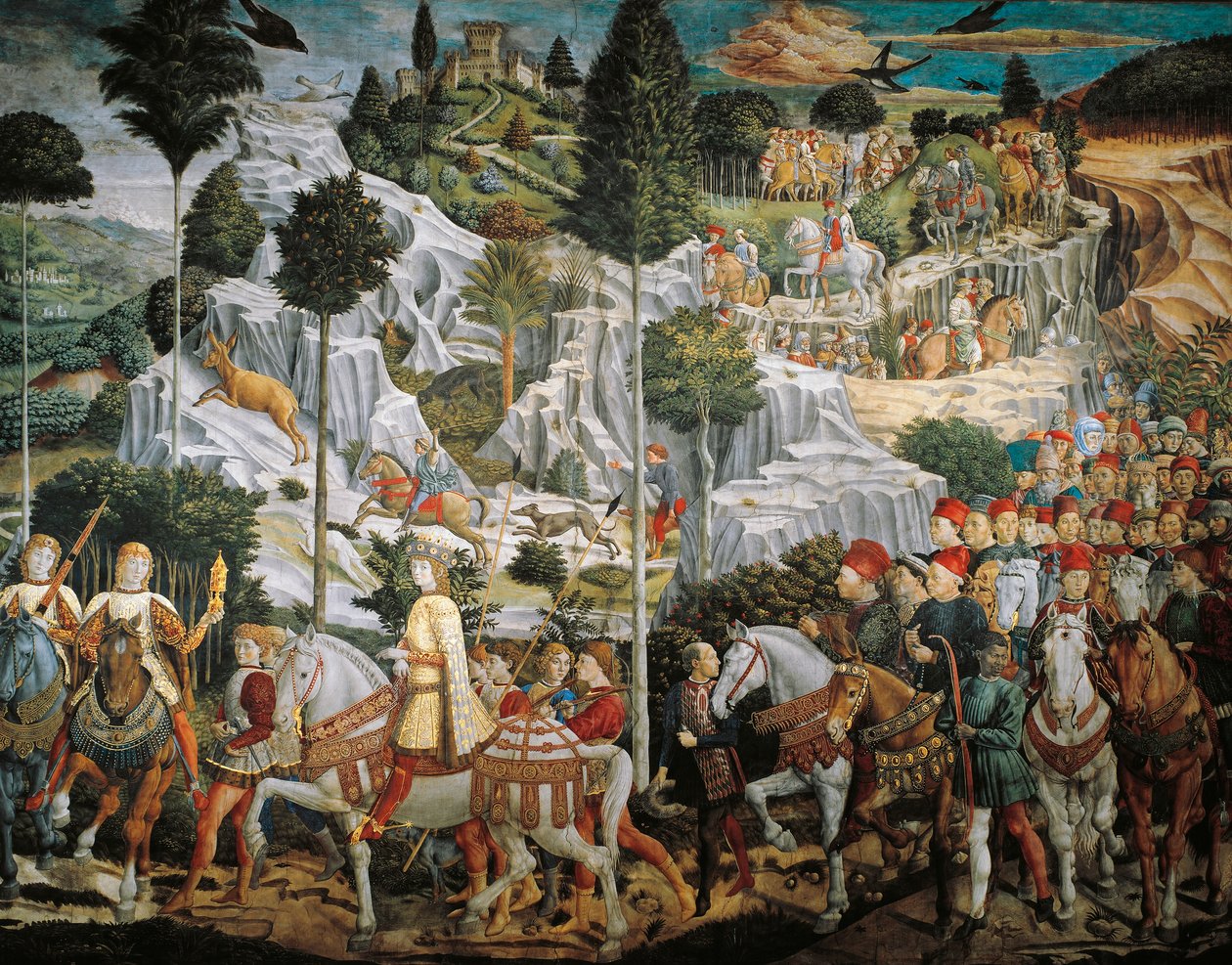 Procesí králů králů do Betléma, Benozzo Gozzoli (1420-1497), freska, tempera a olej na stěně, kaple Palazzo Medici Riccardi, Florencie od Benozzo di Lese di Sandro Gozzoli