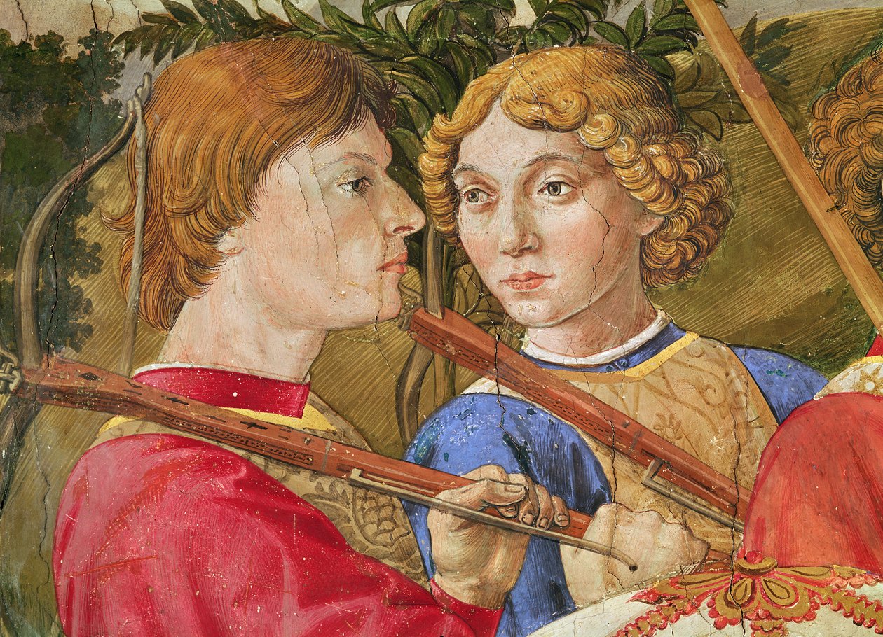 Průvod tří králů, průvod vedený Lorenzem Velkolepým v přestrojení mága Kašpara, detail hlav dvou kuší, 1459-1462 od Benozzo di Lese di Sandro Gozzoli