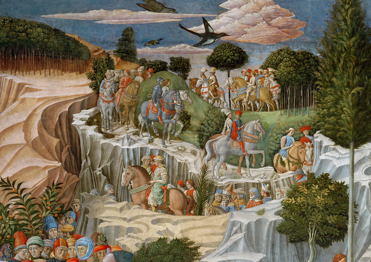 Průvod na koni sestupující z kopce, detail z cyklu Cesta tří králů v kapli, detail fresky kolem roku 1460 z roku 70619 od Benozzo di Lese di Sandro Gozzoli