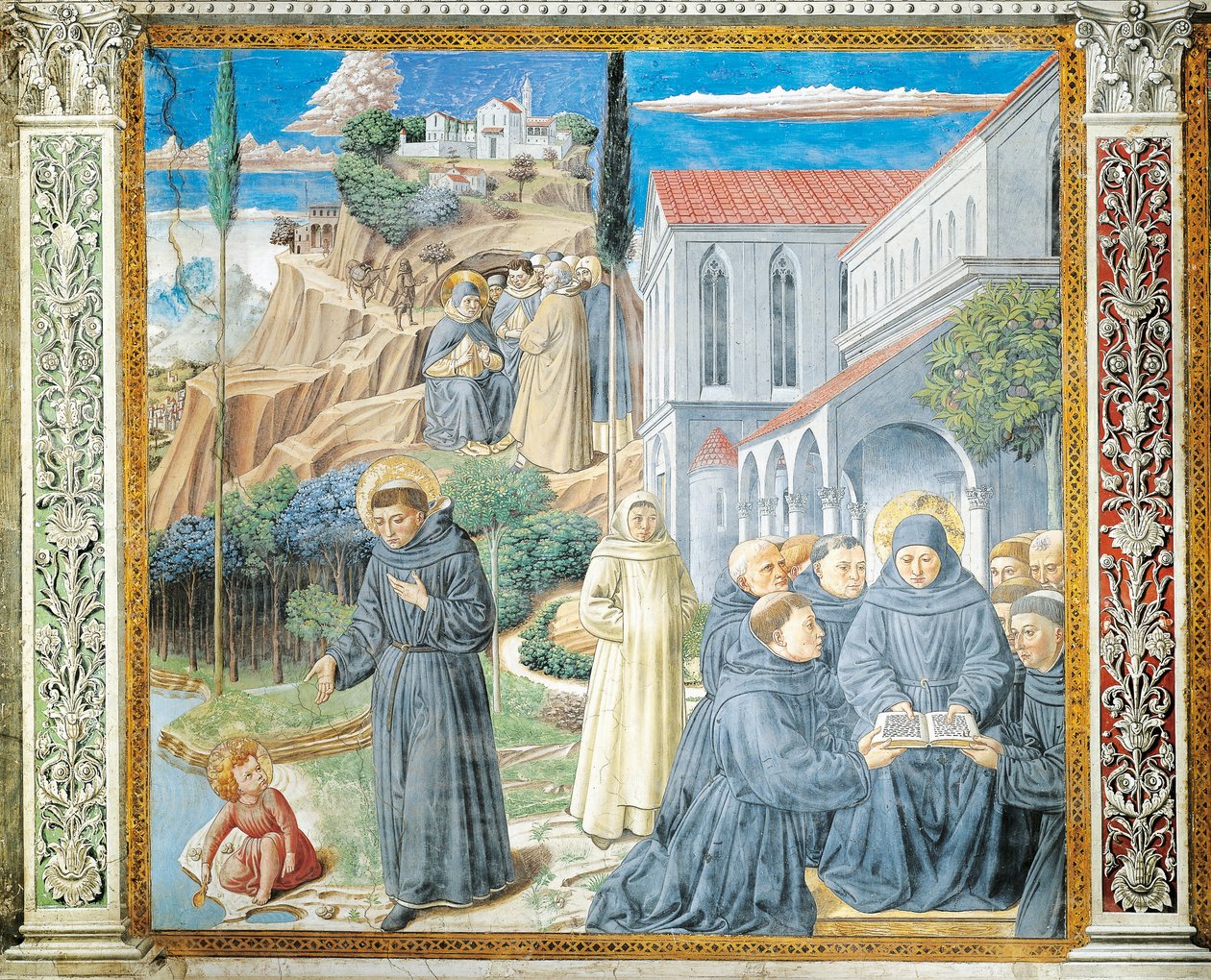 Svatý Augustin dává mnichům řeholi a mluví s Dítětem Ježíšem o Nejsvětější Trojici, detail z Příběhů svatého Augustina od Benozzo di Lese di Sandro Gozzoli