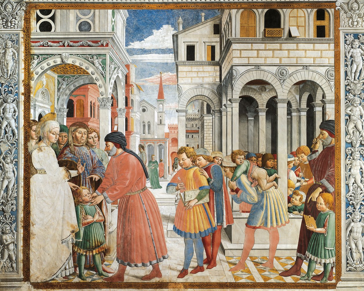 Svatý Augustin odvedený rodiči k učiteli gramatiky v Tagaste, Benozzo Gozzoli (1420-1497), freska, kostel svatého Augustina, San Gimignano (Seznam světového dědictví UNESCO od Benozzo di Lese di Sandro Gozzoli