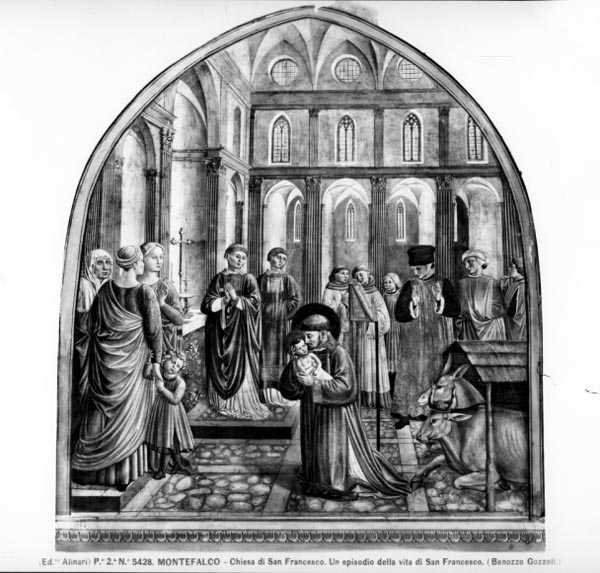 St. Francis Houpající Bambino v Greccio (freska) (č/b foto) od Benozzo di Lese di Sandro Gozzoli