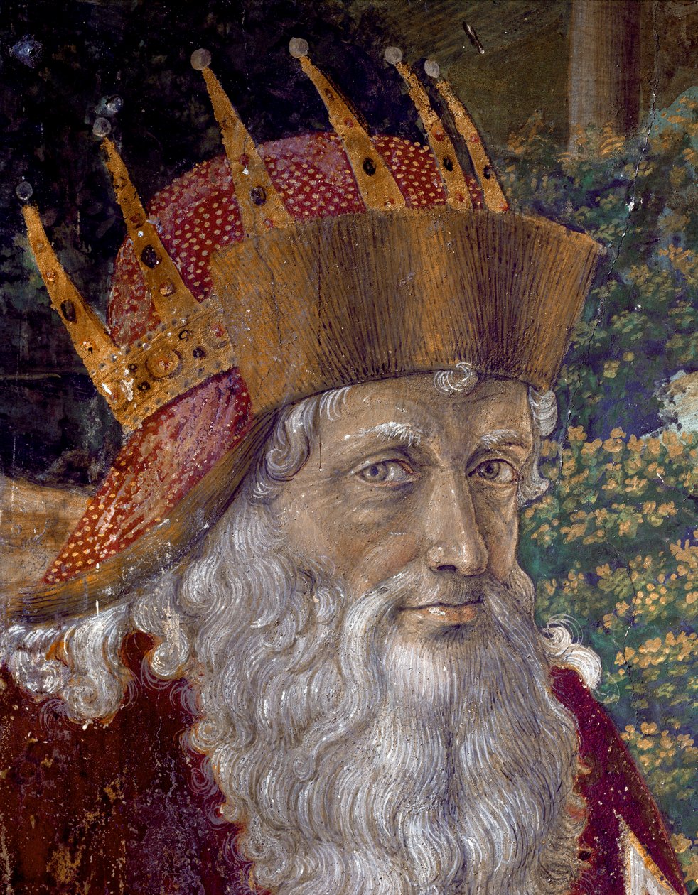 Cesta mágů. Cortege of the Magi of Jerusalem Betlém nazývaný „Viaggio dei Magi“ nebo „Cavalcata dei Magi“ v italštině. Detail představující Josepha patriarchu Konstantinopole v letech 1261 až 1276. Freska kaple Tří králů od Benozza di od Benozzo di Lese di Sandro Gozzoli