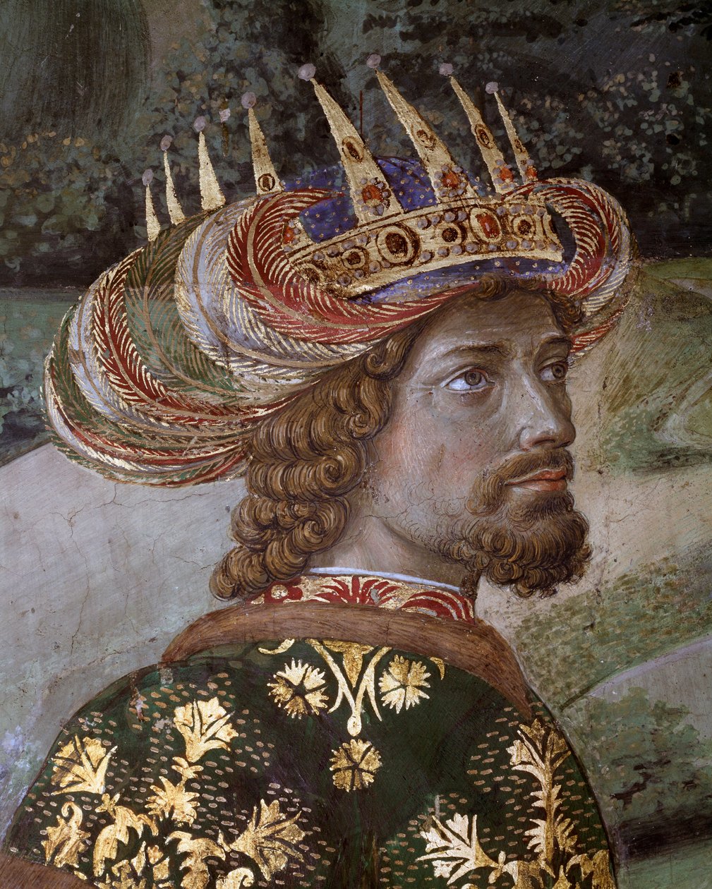 Cesta mágů Korteza mágů z Jeruzaléma do Betléma nazývá italsky „Viaggio dei Magi“ nebo „Cavalcata dei Magi“ Detail Balthasara podle rysů paleologa Jana VIII., byzantského císaře (Jan VII. Palaiologos (nebo Palaeologus)) Fresco od Benozzo di Lese di Sandro Gozzoli