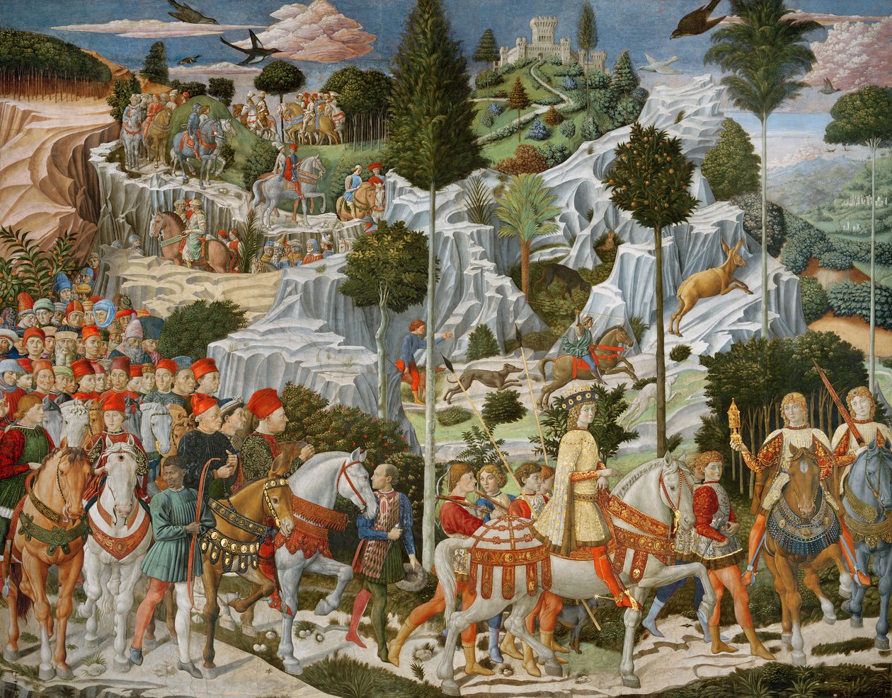 Cesta mudrců do Betléma, pravá stěna kaple, kolem roku 1460 od Benozzo di Lese di Sandro Gozzoli