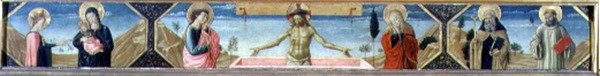 Mystická svatba sv. Kateřiny, Zmrtvýchvstalého Krista a sv. Antonína opata a sv. Benedikta (panel) od Benozzo di Lese di Sandro Gozzoli