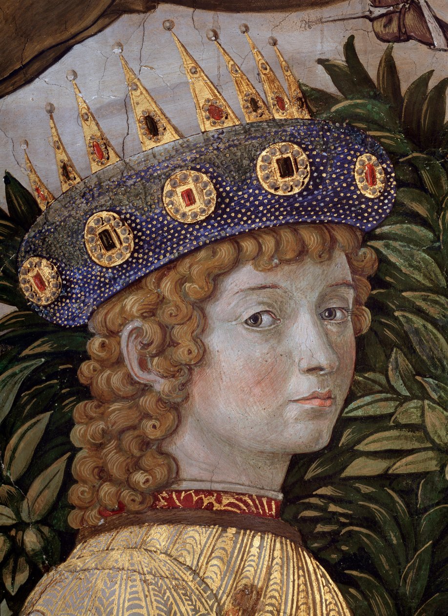 Cesta mágů Cortege des rois mages de Jerusalem a Bethleem nazývá italsky „Viaggio dei Magi“ nebo „“Cavalcata dei Magi“ Detail mladého mága ve tváři Laurenta Velkolepého (Laurent de Medici) (Průvod Magi, detail t od Benozzo di Lese di Sandro Gozzoli