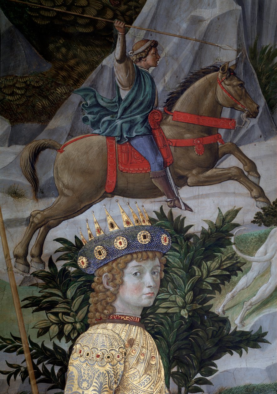 Cesta mágů Cortege des rois mages de Jerusalem a Bethleem nazývá italsky „Viaggio dei Magi“ nebo „“Cavalcata dei Magi“ Detail mladého mága ve tváři Laurenta Velkolepého (Laurent de Medici) (Průvod Magi, detail t od Benozzo di Lese di Sandro Gozzoli