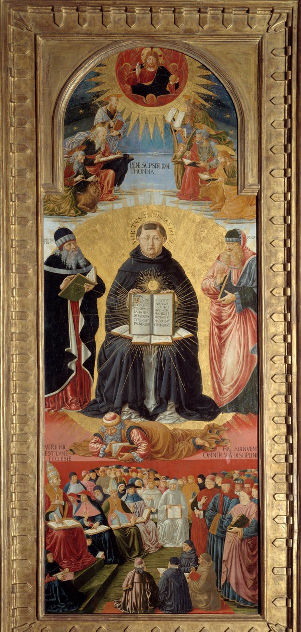 Triumf sv. Tomáše Akvinského (1225-1274) je znázorněn obklopen Platónem (vpravo) a Aristotelem, jehož je žákem. U jeho nohou ležel Vilém ze Saint-Amour. Nahoře Kristus žehná evangelistům. Níže papež Sixtus IV (1414-1484) prez od Benozzo di Lese di Sandro Gozzoli