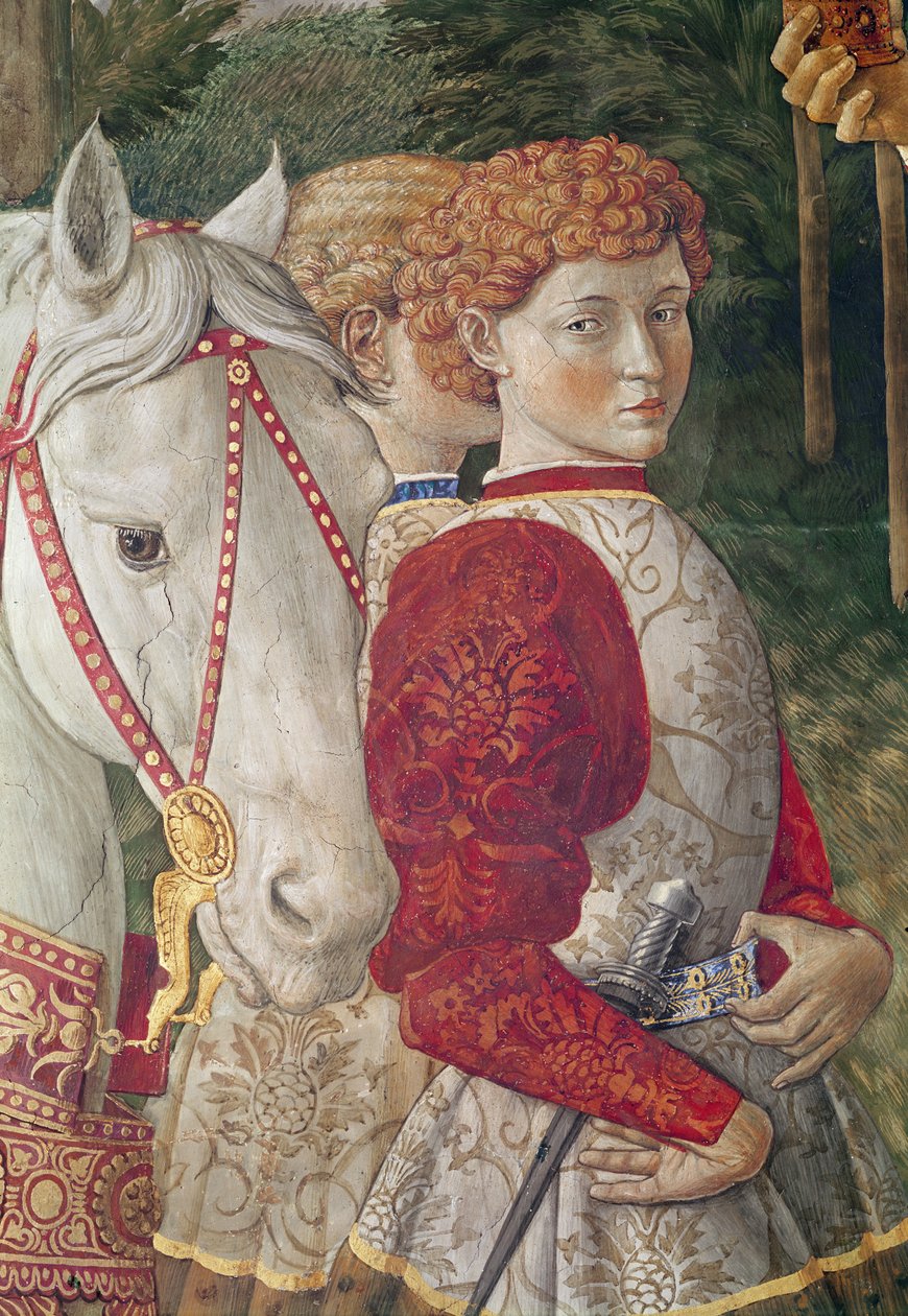 Dva livrejovaní sluha a hlava koně Lorenza Nádherného, detail z cyklu Cesta tří králů v kapli, kolem roku 1460 od Benozzo di Lese di Sandro Gozzoli