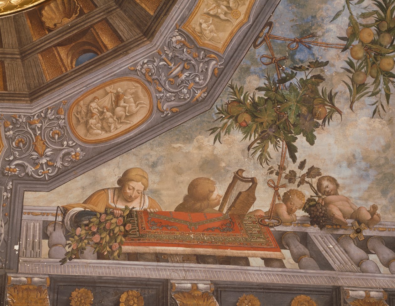 Dáma, hudebník a cupids na balkóně, detail ze stropní fresky, od Garofala (1481-1559), pokladnice, palác Ludovico il Moro nebo palác Costabili, Ferrara, Itálie od Benvenuto Tisi da Garofalo