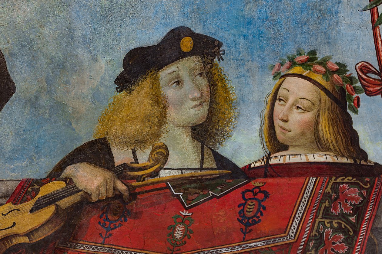 Gentleman držící hudební nástroj a gentlewoman, detail, klenba Hall of the Treasure (freska) (detail 3707463) od Benvenuto Tisi da Garofalo