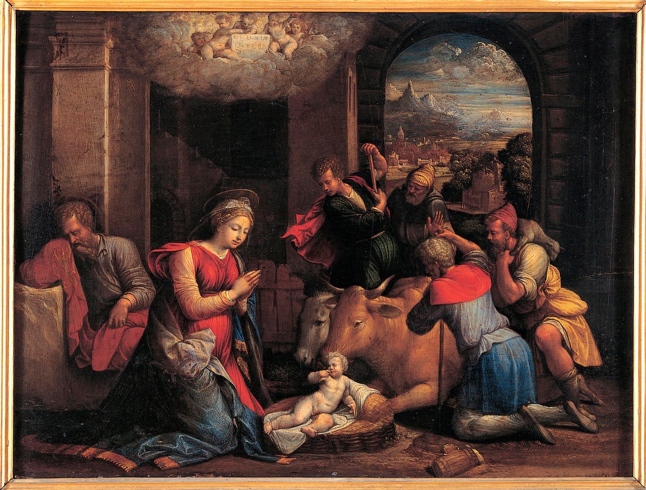Klanění pastýřů - obraz Benvenuto Tisi da Garofalo (Il Garolafo) (1481-1559), olej na dřevě, 41,5x55 cm od Benvenuto Tisi da Garofalo