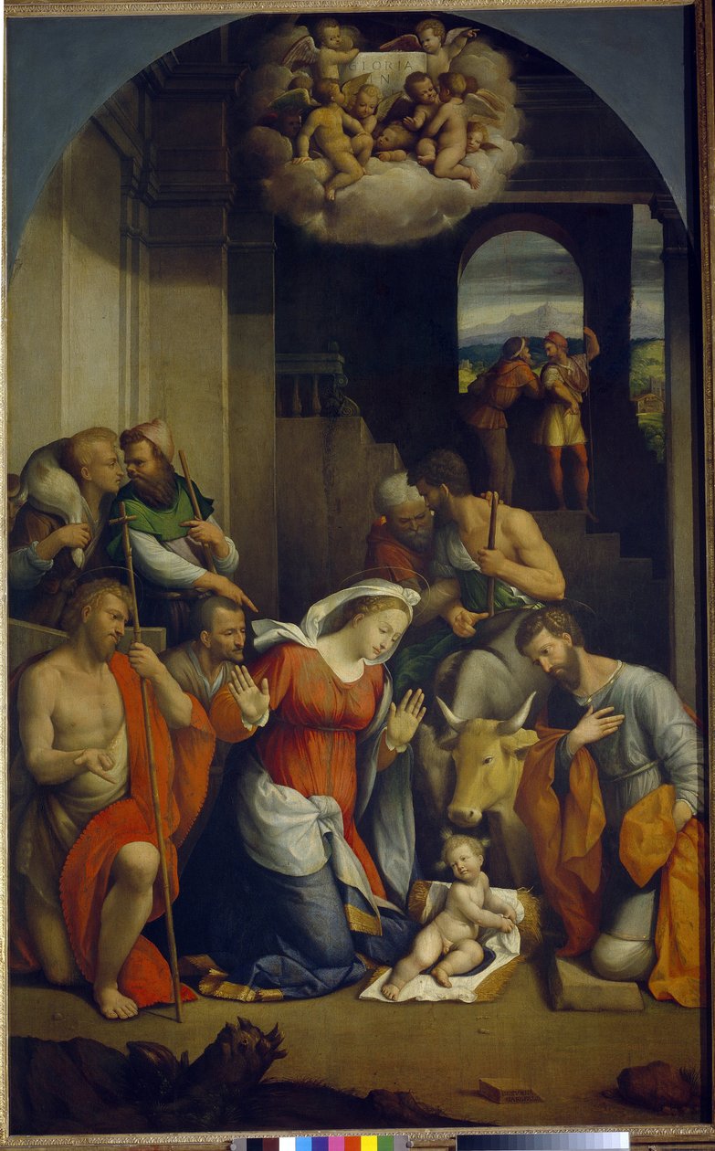 Klanění Ježíšku (Klanění pastýřů). (Klanění Ježíšku). Obraz Benvenuto Tisi Da Garofalo (1481-1559), olej na plátně od Benvenuto Tisi da Garofalo