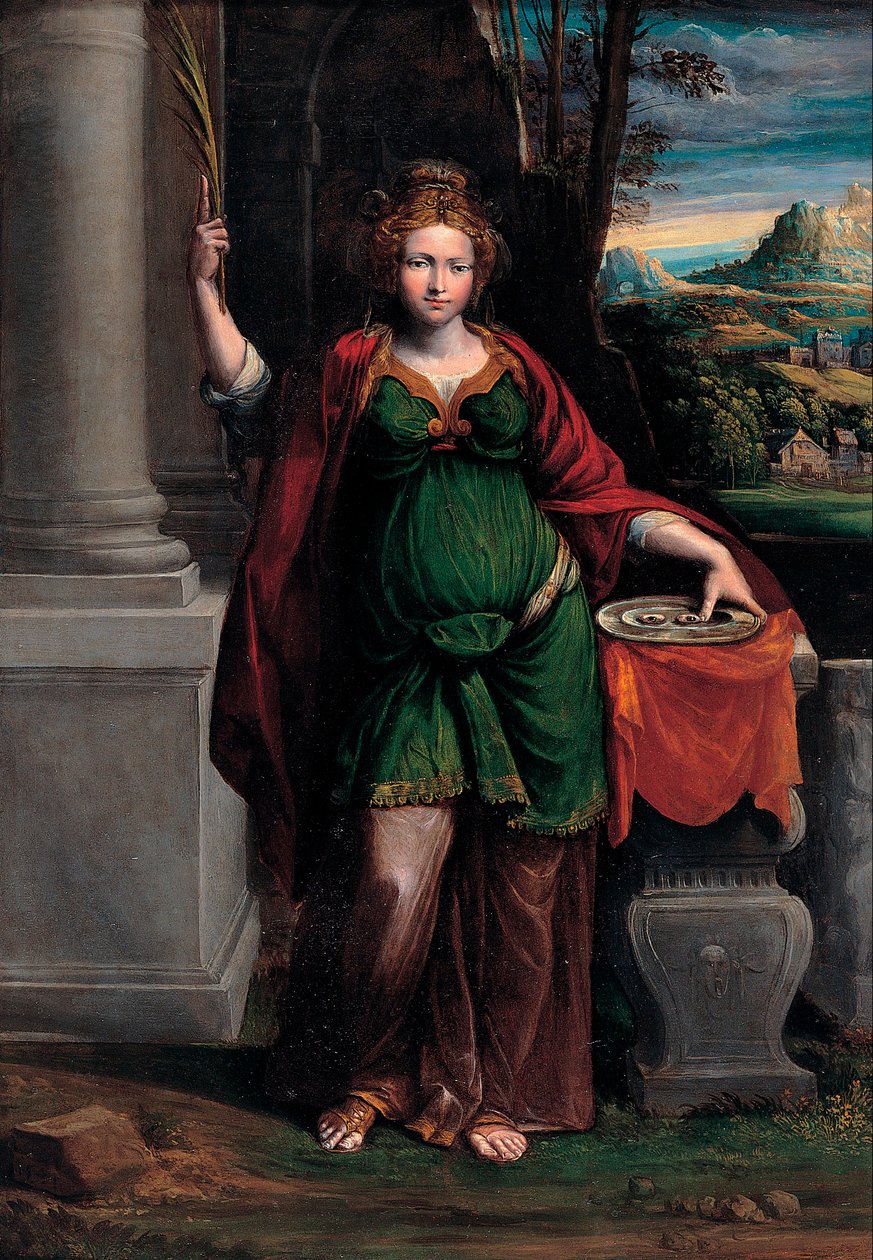 Svatá Lucie (ze Syrakus) (počátek 4. století) držící podnos se dvěma očima (Svatá Lucie) - Obraz Benvenuto Tisi da Garofalo (Il Garolafo) (1481-1559), olej na dřevě, 63x44 cm od Benvenuto Tisi da Garofalo