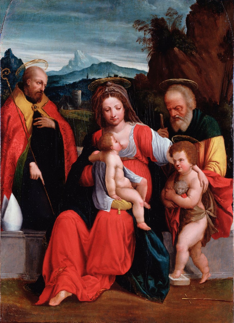 Svatá rodina se sv. Janem Křtitelem v dětství a biskupem Obraz Garofala (Benvenuto Tisi) (1481-1559) Genes, Musei di Strada Nuova (ex Palazzo Rosso) od Benvenuto Tisi da Garofalo