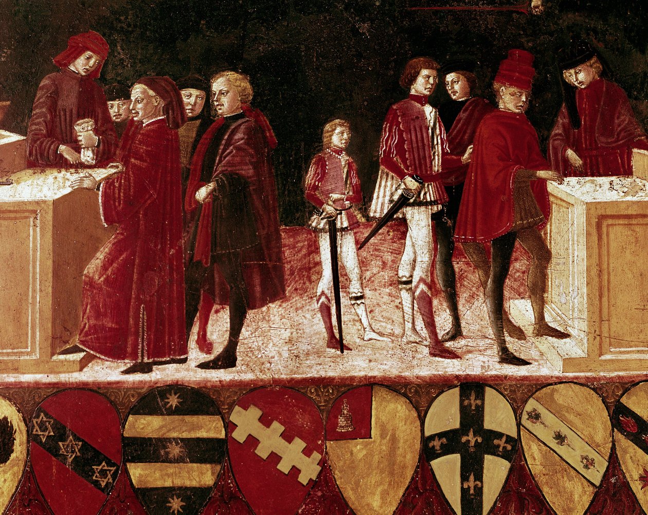 Alegorie státních financí v době války a míru. Detail. 15. století (dřevomalba) od Benvenuto di Giovanni