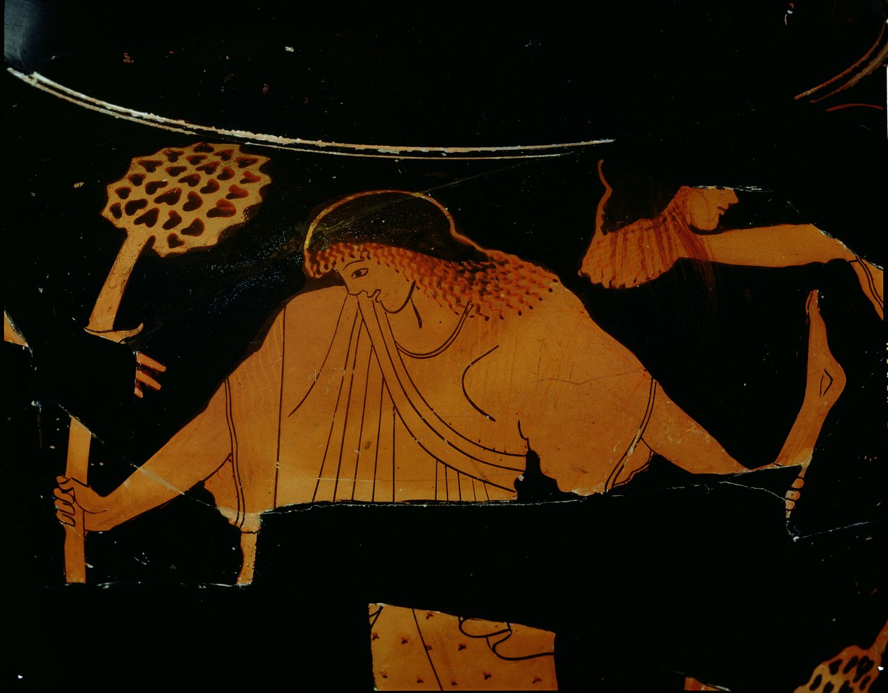 Podkrovní červenofigurové stamnos zdobené výjevem maenady, která trhá Penthea při dionýské oběti, nalezená v Cerveteri, cca 490-480 př. n. l. (keramika) od Berlin Painter