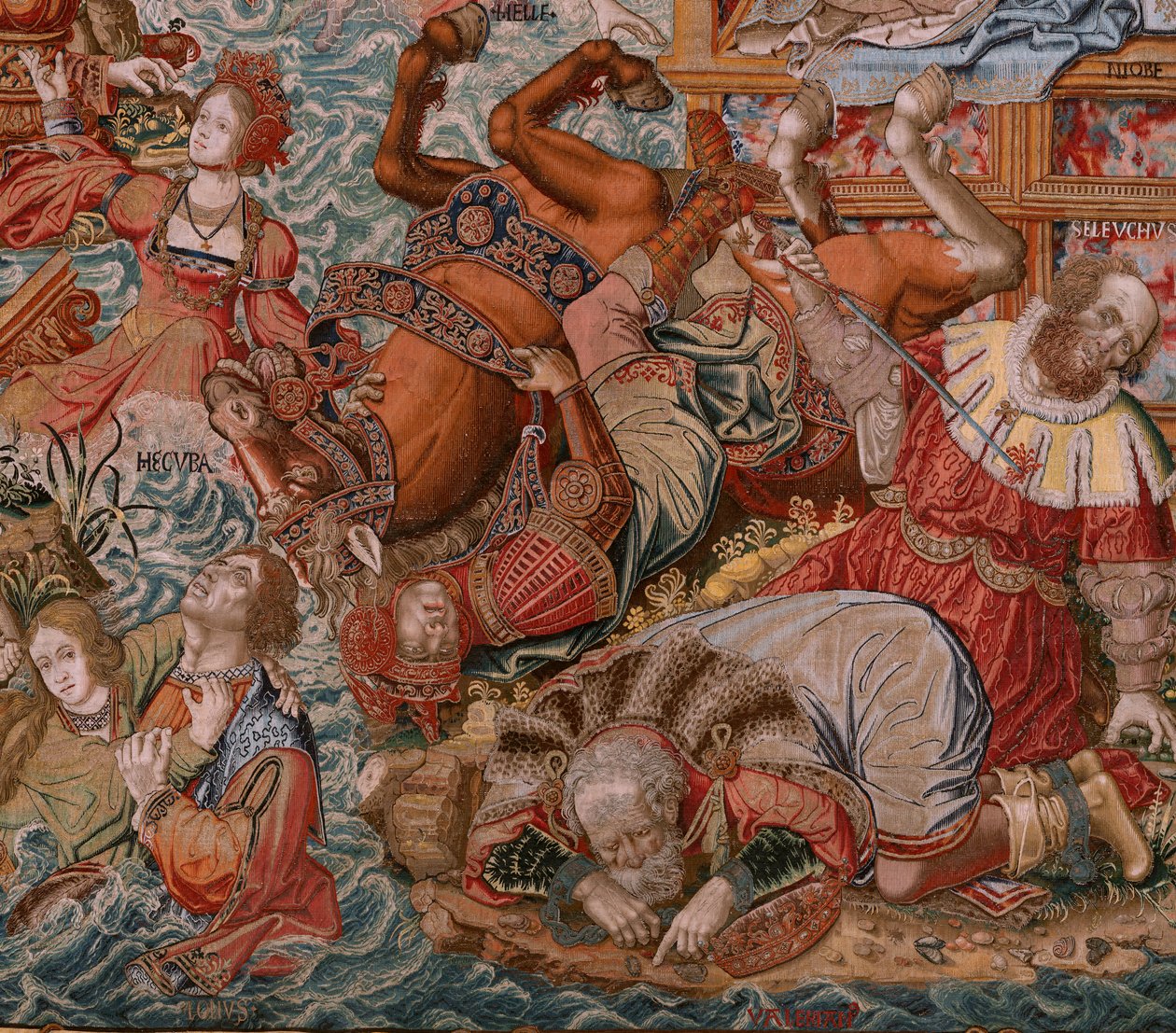 Vlámský gobelín. Seriál Vyznamenání. Fortune, cesta k vyznamenáním (La Fortuna, Camino de los Honores). Pátá tapisérie v sérii. Modelové karikaturisty z okruhu Bernarda van Orleyho a Jana Gossaerta de Mabuse. Výroba Pieter van Aelst, Brusse od Bernaert van (circle of) Orley