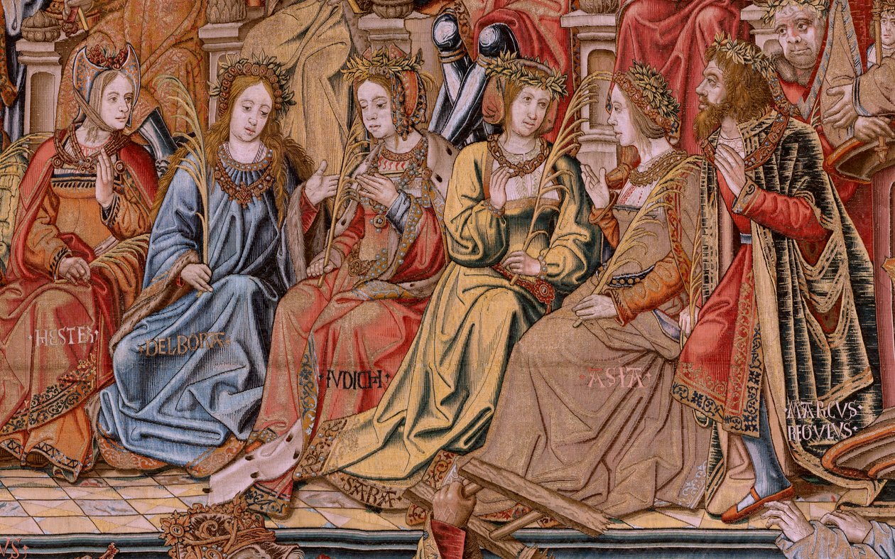 Vlámský gobelín. Seriál Vyznamenání. Honor (El Honor). Druhá tapisérie v sérii. Modelové karikaturisty z okruhu Bernarda van Orleyho a Jana Gossaerta (Mabuse). Výroba Pieter van Aelst, Brusel. Cca 1550. Látka Zlato, stříbro, hedvábí a vlna. od Bernaert van (circle of) Orley