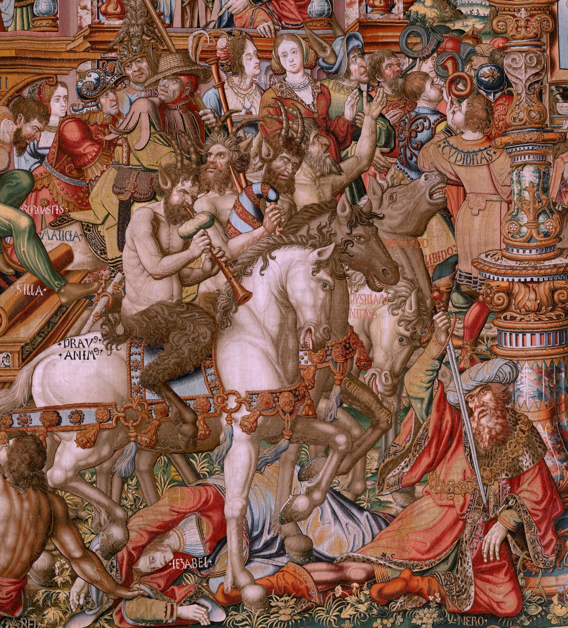 Vlámský gobelín. Seriál Vyznamenání. Hanba (La Infamia). Šestá tapisérie v sérii. Modelové karikaturisty z okruhu Bernarda van Orleyho a Jana Gossaerta (Mabuse). Výroba Pieter van Aelst, Brusel. Cca 1550. Látka Zlato, stříbro, hedvábí a vlna. od Bernaert van (circle of) Orley