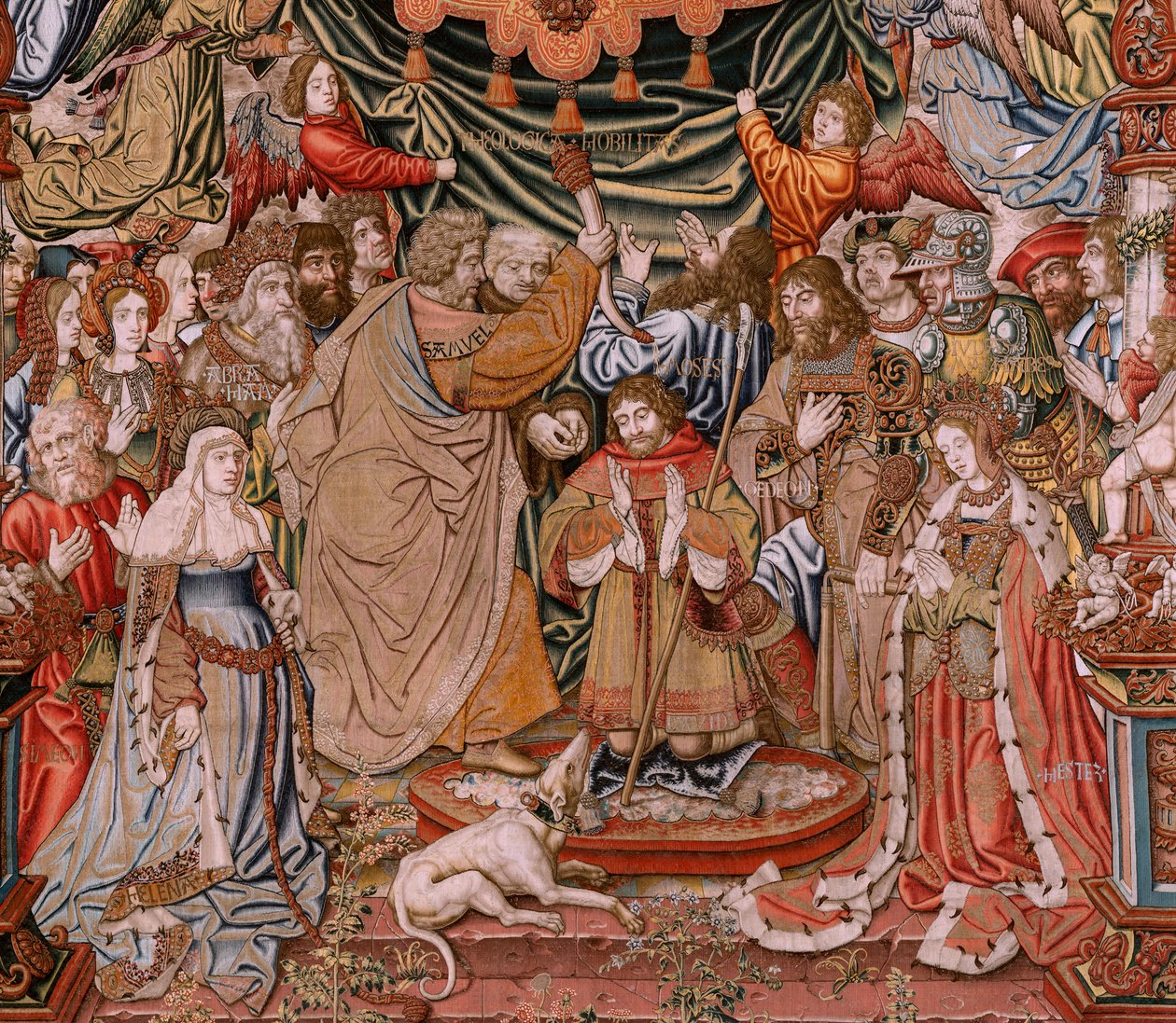 Vlámský gobelín. série The Honors; Šlechta (La Nobleza). Čtvrtá tapisérie v sérii. Modelové karikaturisty z okruhu Bernarda van Orleyho a Jana Gossaerta (Mabuse). Výroba Pieter van Aelst, Brusel. Ca 1550. Tkanina Zlato, stříbro, hedvábí a vlna od Bernaert van (circle of) Orley