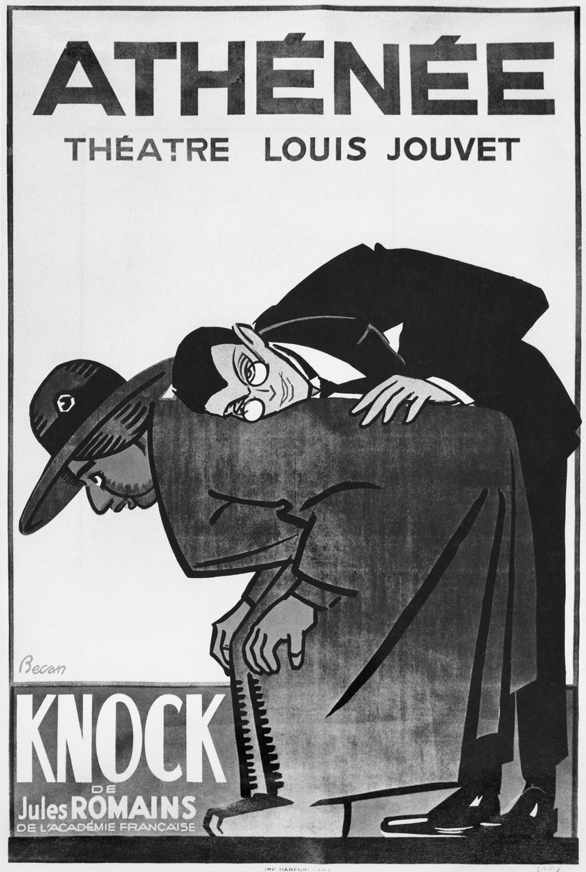 Plakát propagující představení Knock nebo Triumph of Medicine od Julese Romainse (1885-1972) v Theater Athenee (černobílá fotografie) od Bernard Becan