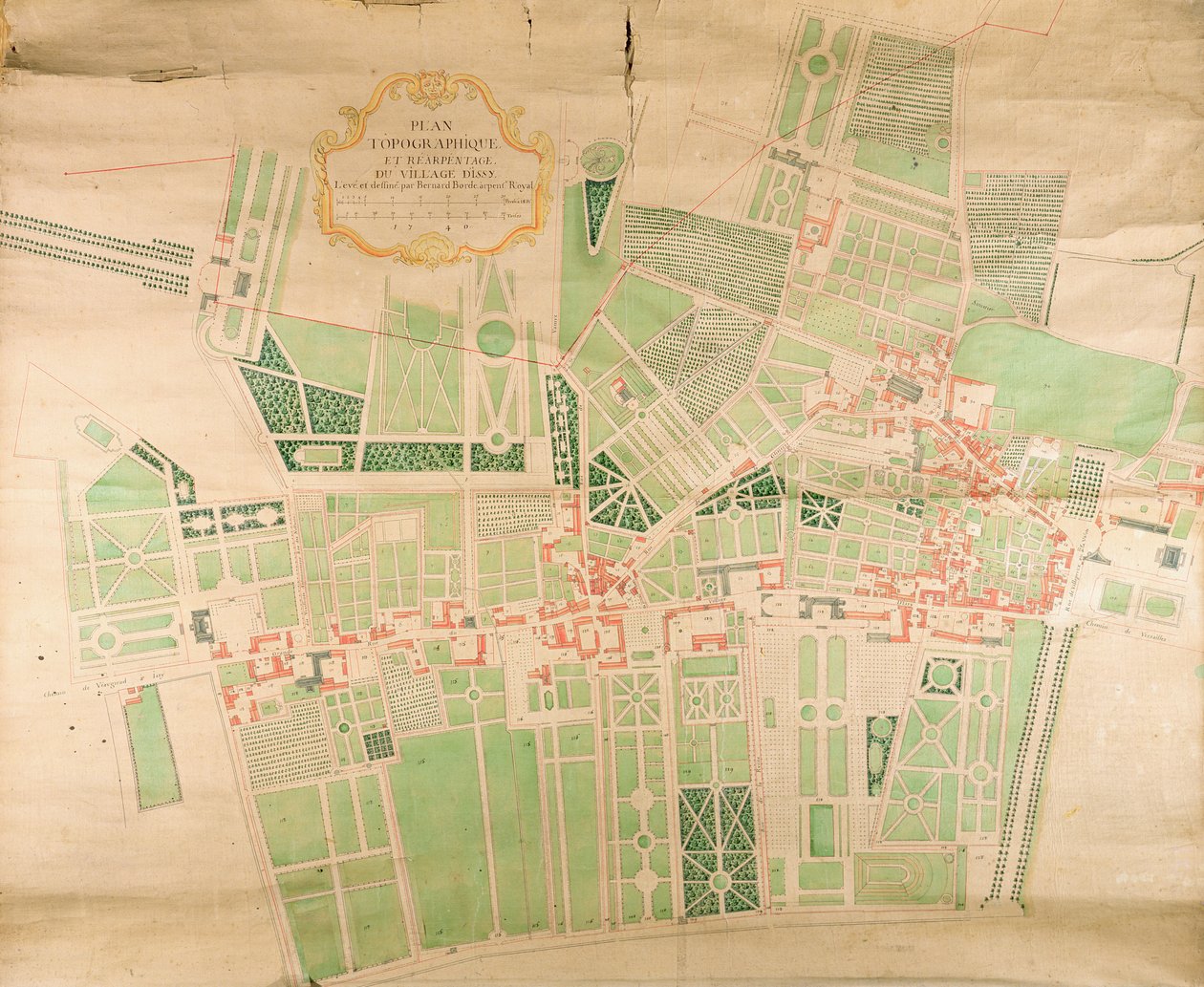 N11Seine87 Topografická mapa a přehled vesnice Issy, 1740 (pero, tuš a čb na papíře) od Bernard Borde