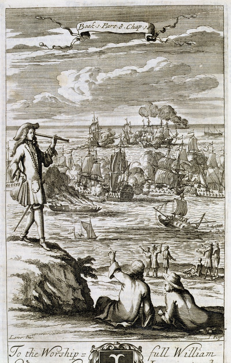 Sledování námořní bitvy dalekohledem, ilustrace z knihy 1, část 8, kapitola 18 „Principy filozofie“ od Anthonyho Le Granda, vyryl Johannes Kip (165253-1722), 1694 od Bernard II Lens
