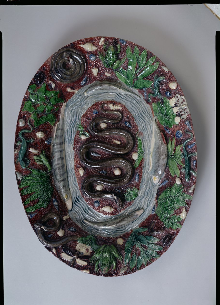 Velká oválná miska v reliéfu s užovkou, batrachiany a rybami (hliněné nádobí) od Bernard Palissy