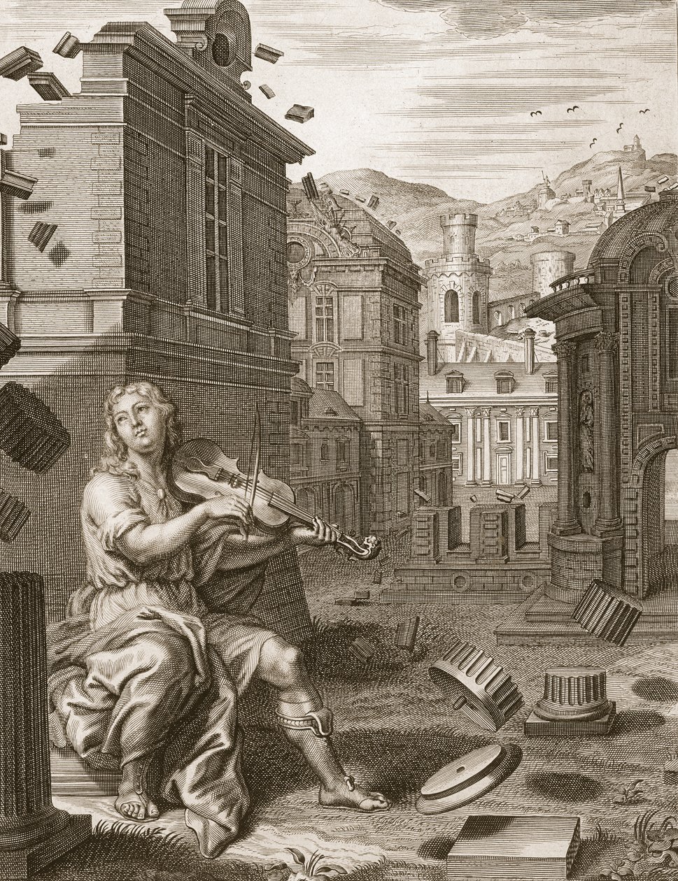 Amphion staví hradby Théb hudbou své lyry, 1731 od Bernard Picart