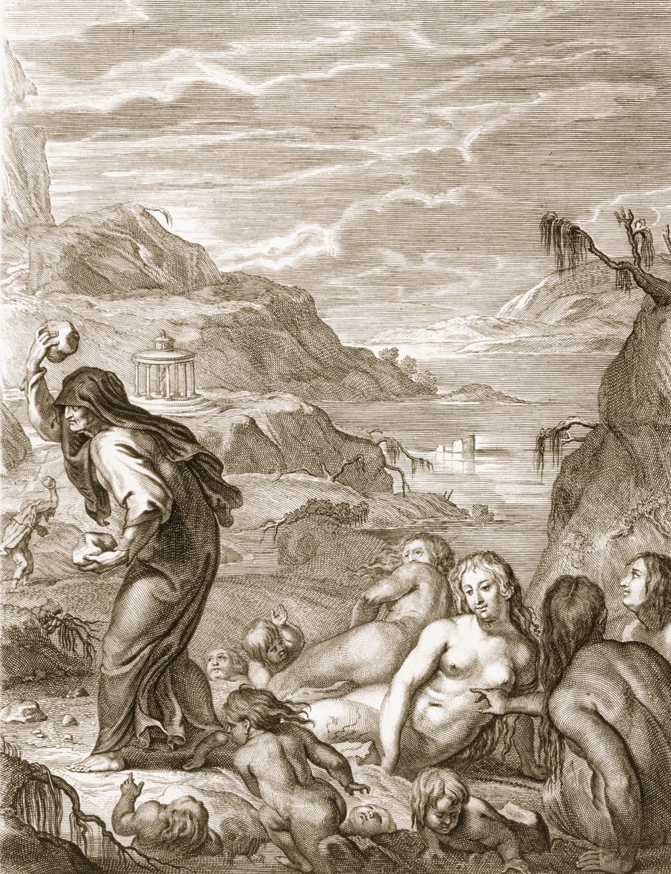 Deucalion a Pyrrha Repeople the World tím, že za ně hází kameny, 1731 od Bernard Picart