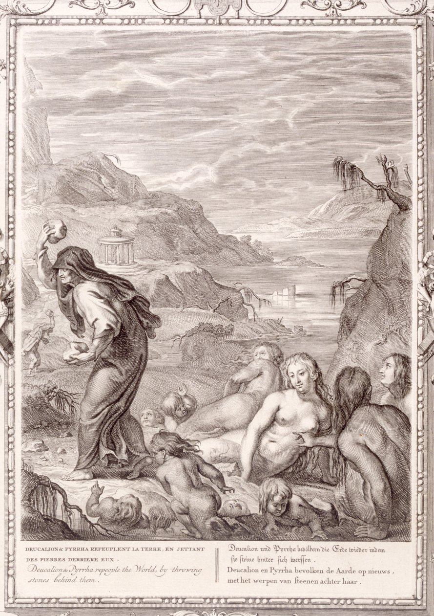 Deucalion a Pyrrha Repeople the World tím, že za ně hází kameny, 1731 od Bernard Picart