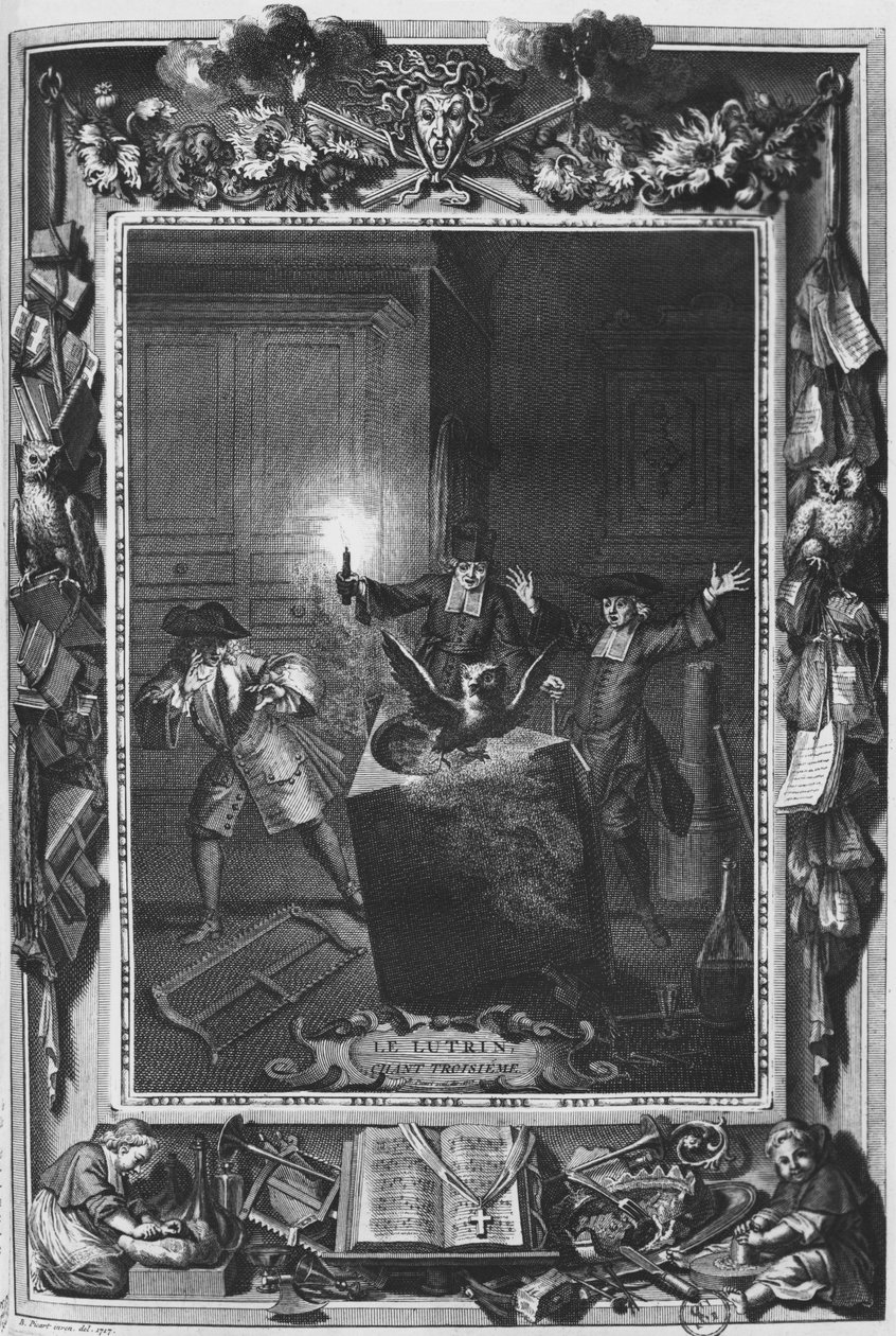Ilustrace z „Le Lutrin“ od Nicolase Boileaua, známého jako Boileau-Despreaux, 3. zpěv, vydané v roce 1728 od Bernard Picart
