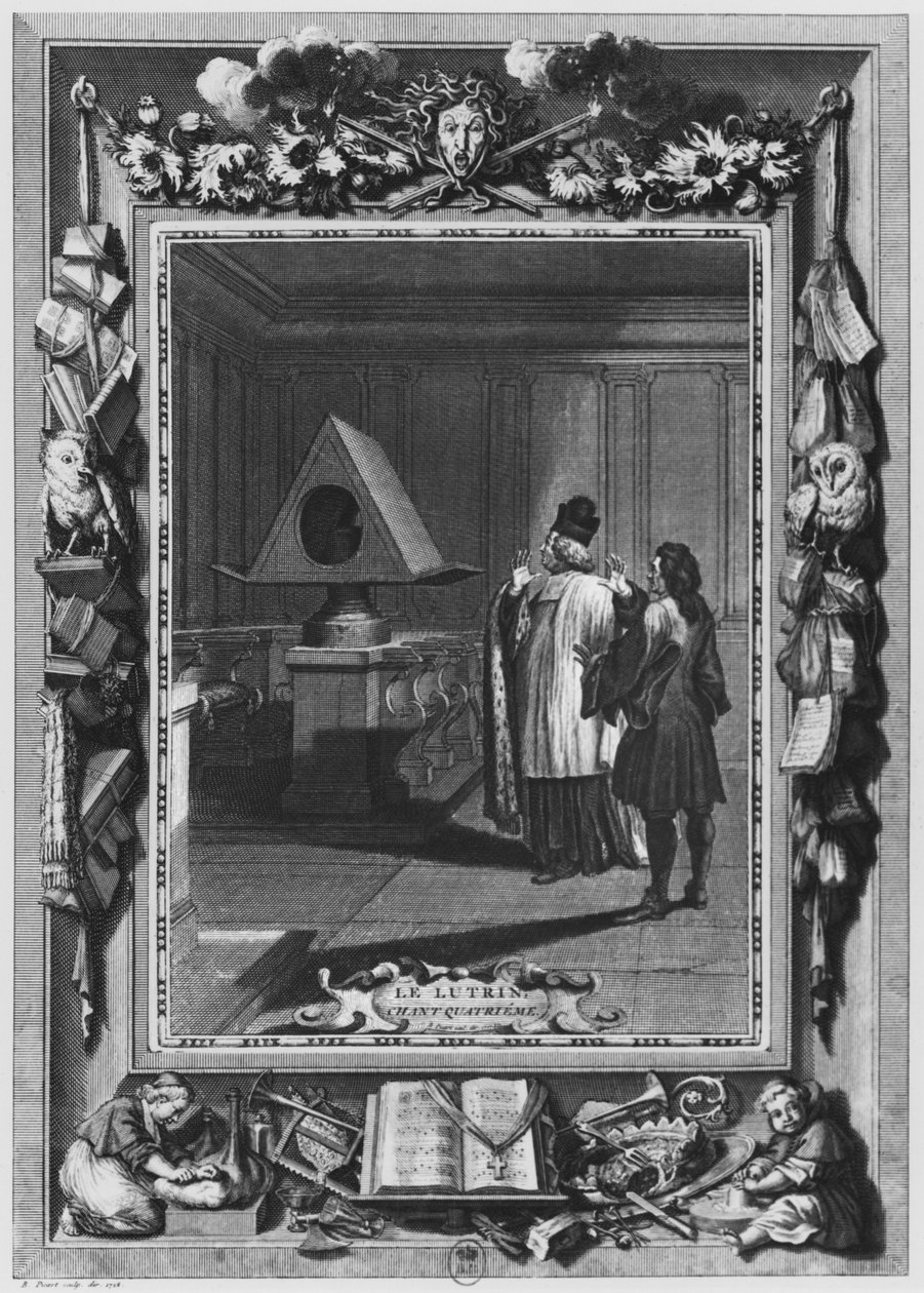Ilustrace z „Le Lutrin“ od Nicolase Boileaua, známého jako Boileau-Despreaux, 4. zpěv, vydané v roce 1728 od Bernard Picart