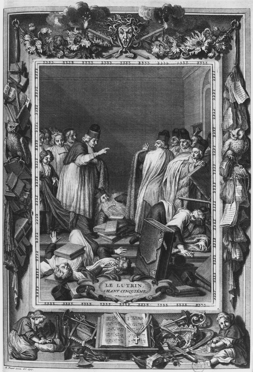 Ilustrace z „Le Lutrin“ od Nicolase Boileaua, známého jako Boileau-Despreaux, 5. zpěv, vydané v roce 1728 od Bernard Picart