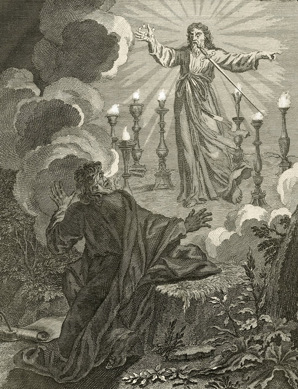 Ježíš se objevuje v knize Zjevení, v pravé ruce drží sedm hvězd a z úst mu vychází dvojsečný meč, 1763. od Bernard Picart