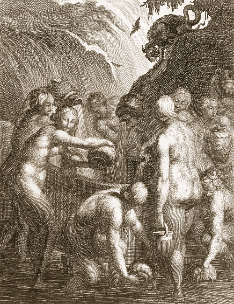 Danaidové odsouzeni k plnění nudných nádob vodou, 1730 od Bernard Picart