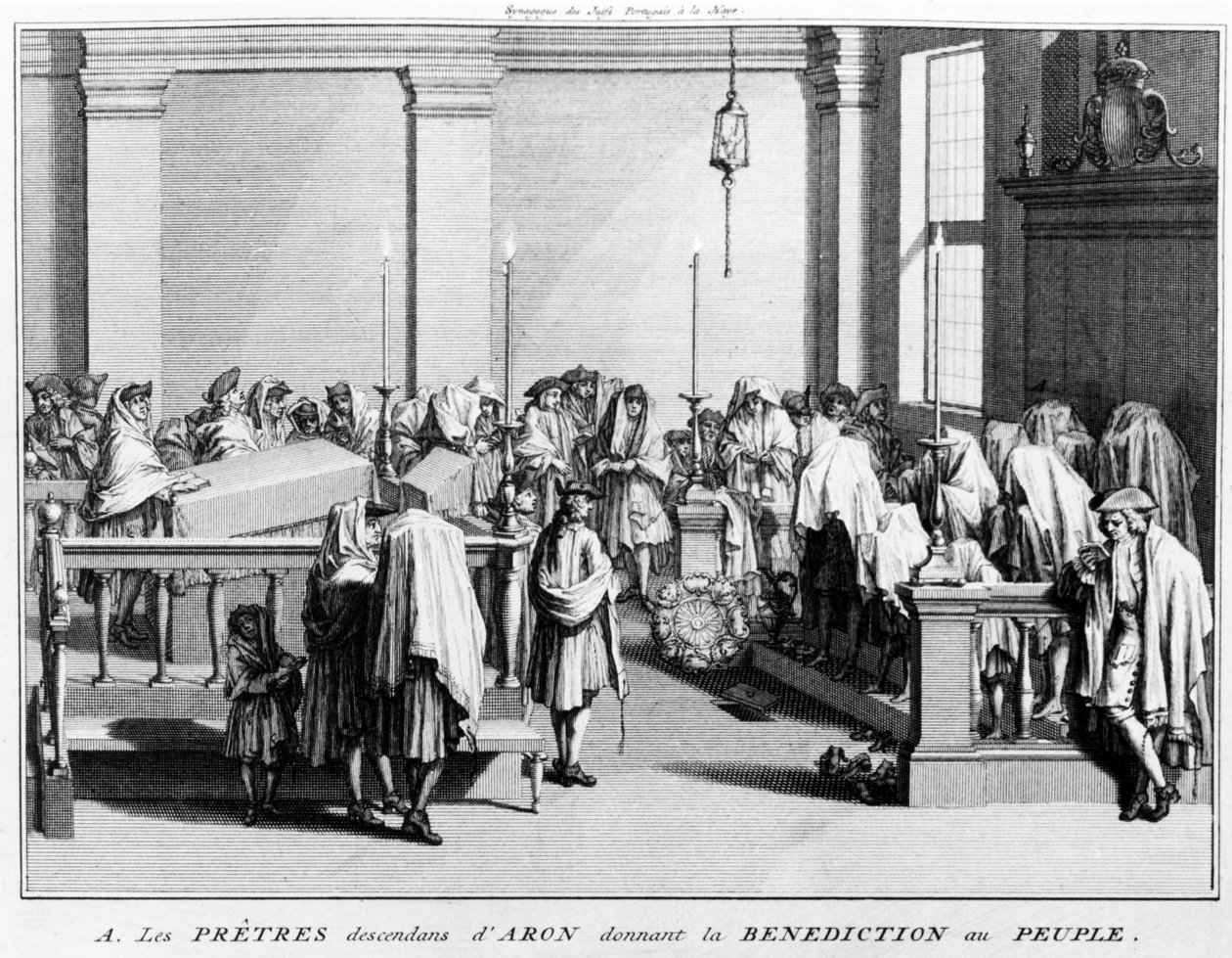 Kněžské požehnání (Birkat Kohanim) udělované Kohanim, kněžským kmenem Levitů (potomků Árona) lidu během bohoslužeb v synagoze; 1725 od Bernard Picart