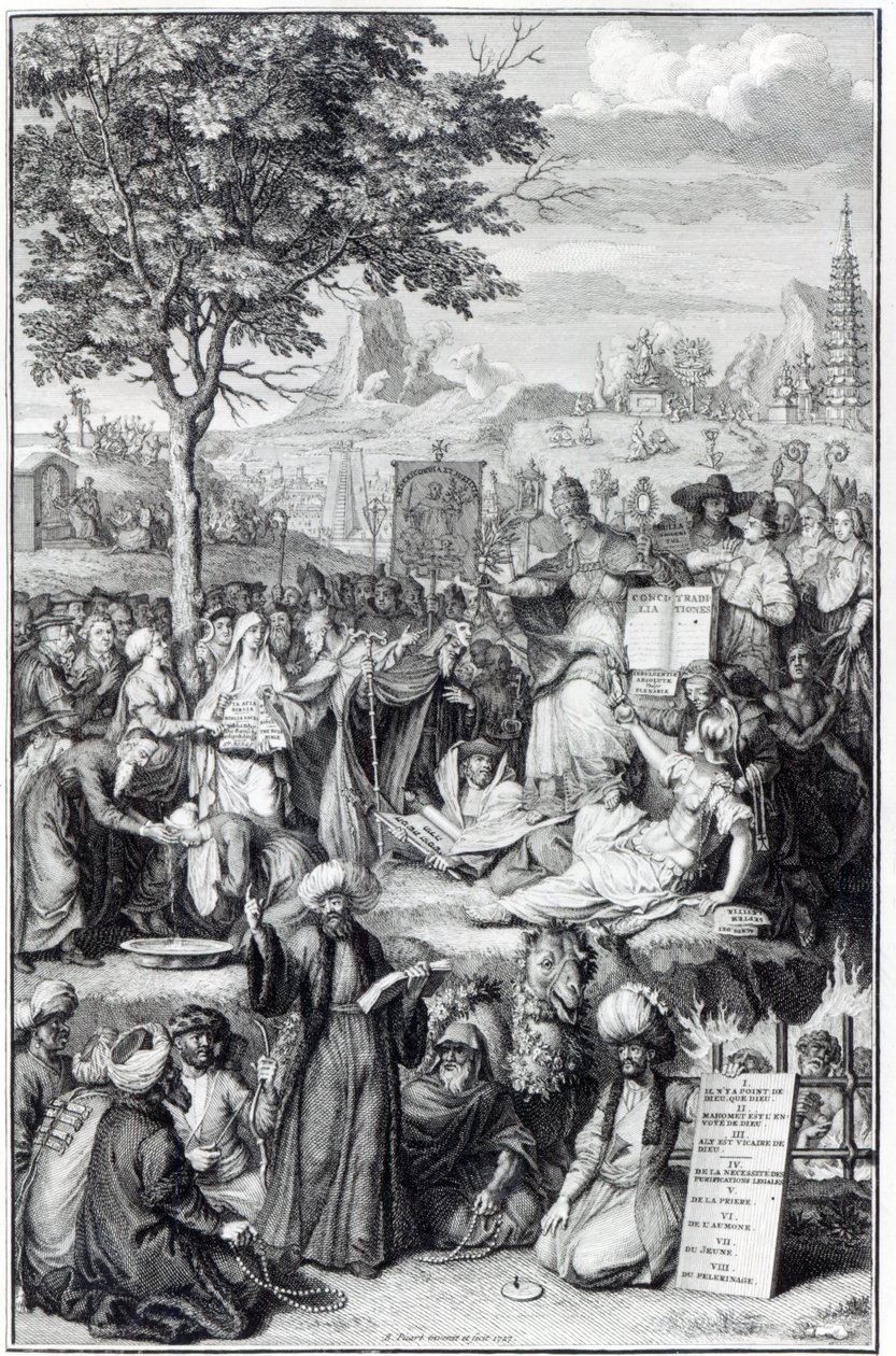 Hlavní náboženství světa, ilustrace z knihy "Náboženské obřady a zvyky", 1727. od Bernard Picart