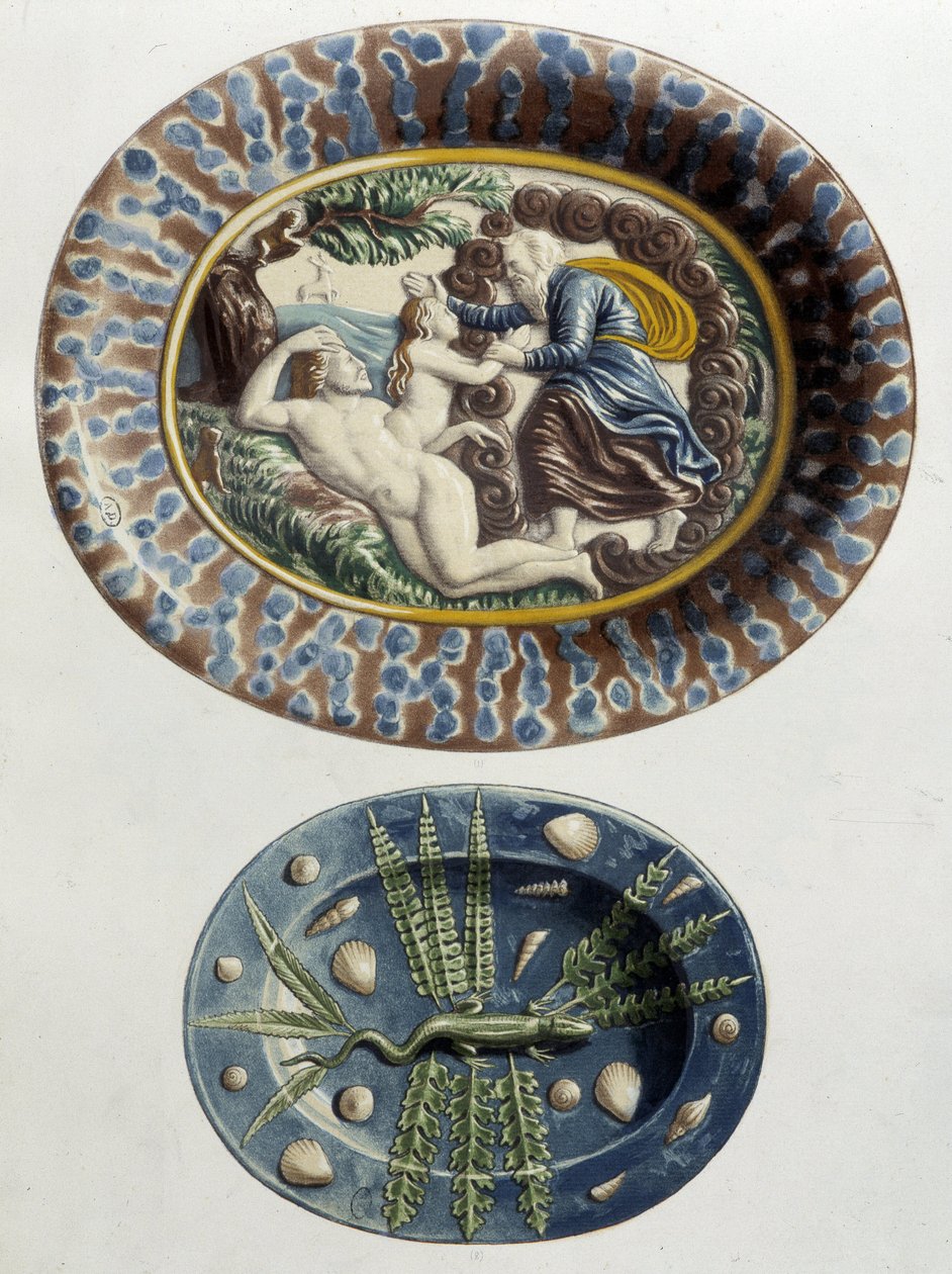 Bůh tvoří Evu z Adamova stehna; Ještěrka - keramické nádobí, v „Dílo Bernarda Palissyho“ od C. Delange a C. Bornemana, Paříž od Bernard (after) Palissy