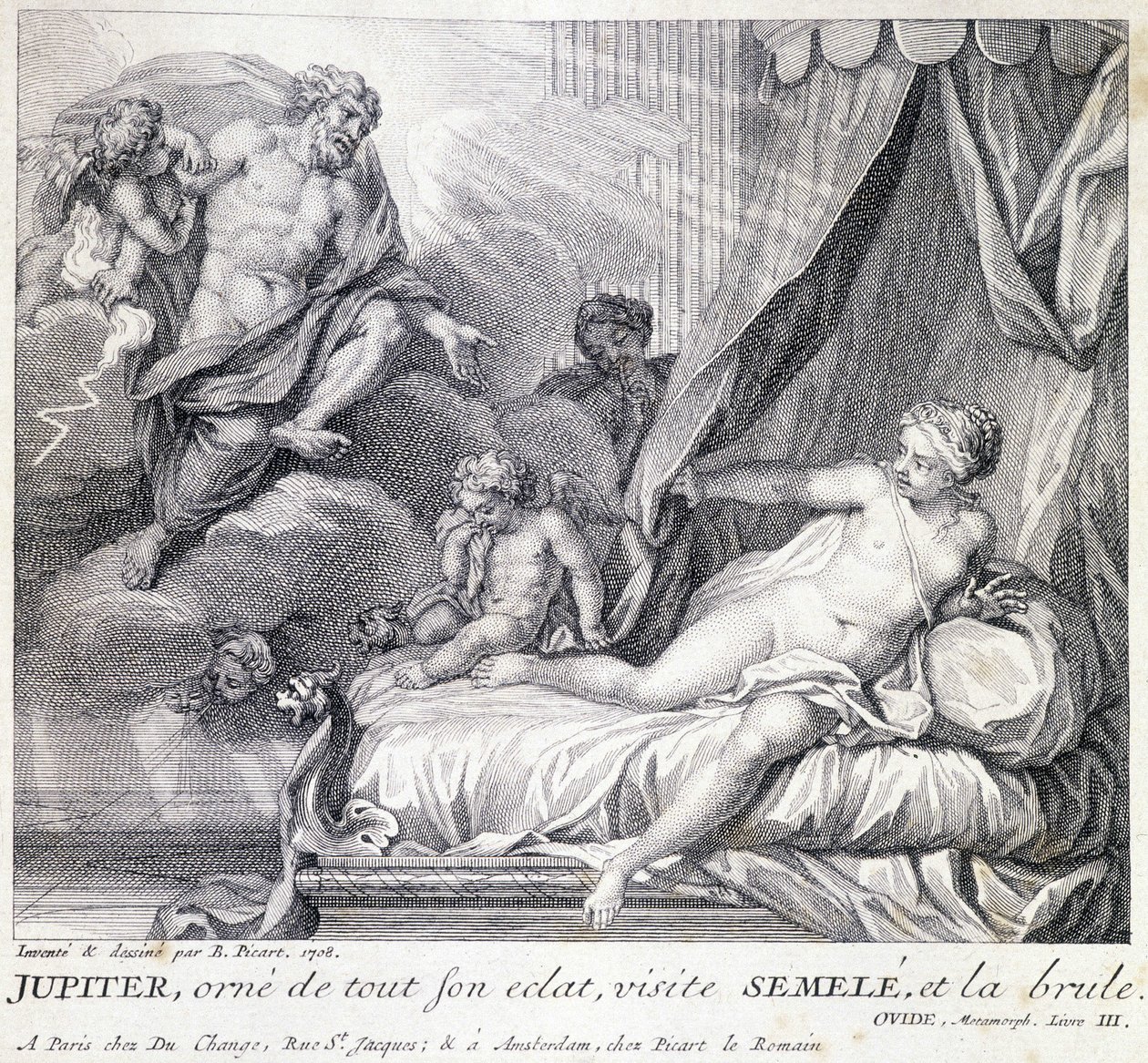 Jupiter (Zeus) spálí Semele svým bleskem. Rytina 18. století podle kresby B. Picarta z roku 1708. od Bernard (after) Picart