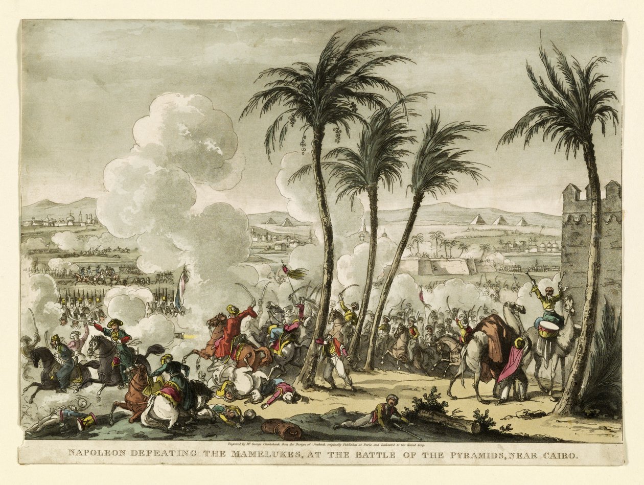 Napoleon porazil Mameluky v bitvě u pyramid, poblíž Káhiry, ryl George Cruikshank (1769-1823), hospoda. 1823 (ručně kolorovaná rytina) od Bernard Edouard Swebach