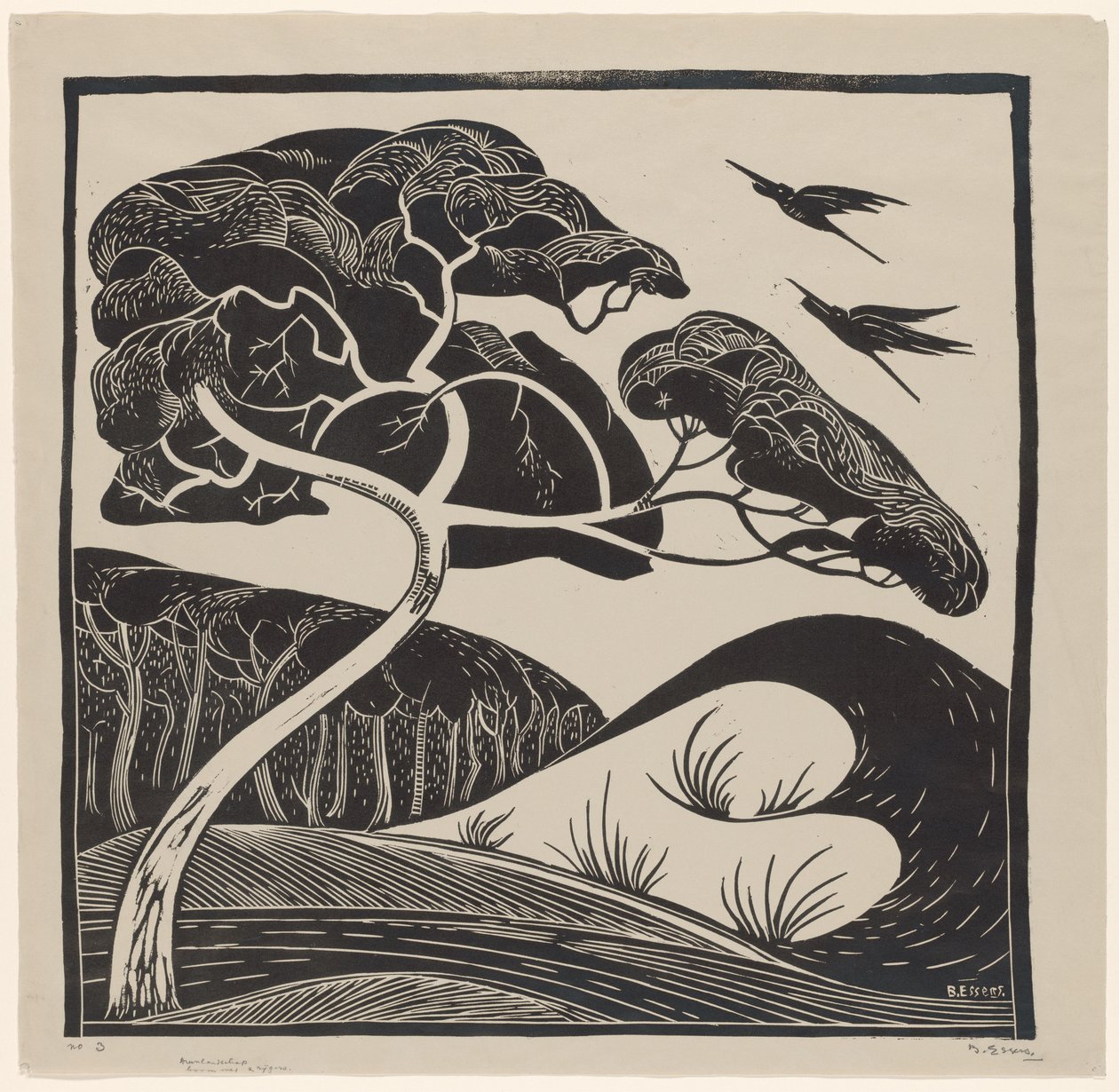 Krajina po dunách (název na objektu) Strom se 2 volavkami (název na objektu) od Bernard Essers (signed by artist)