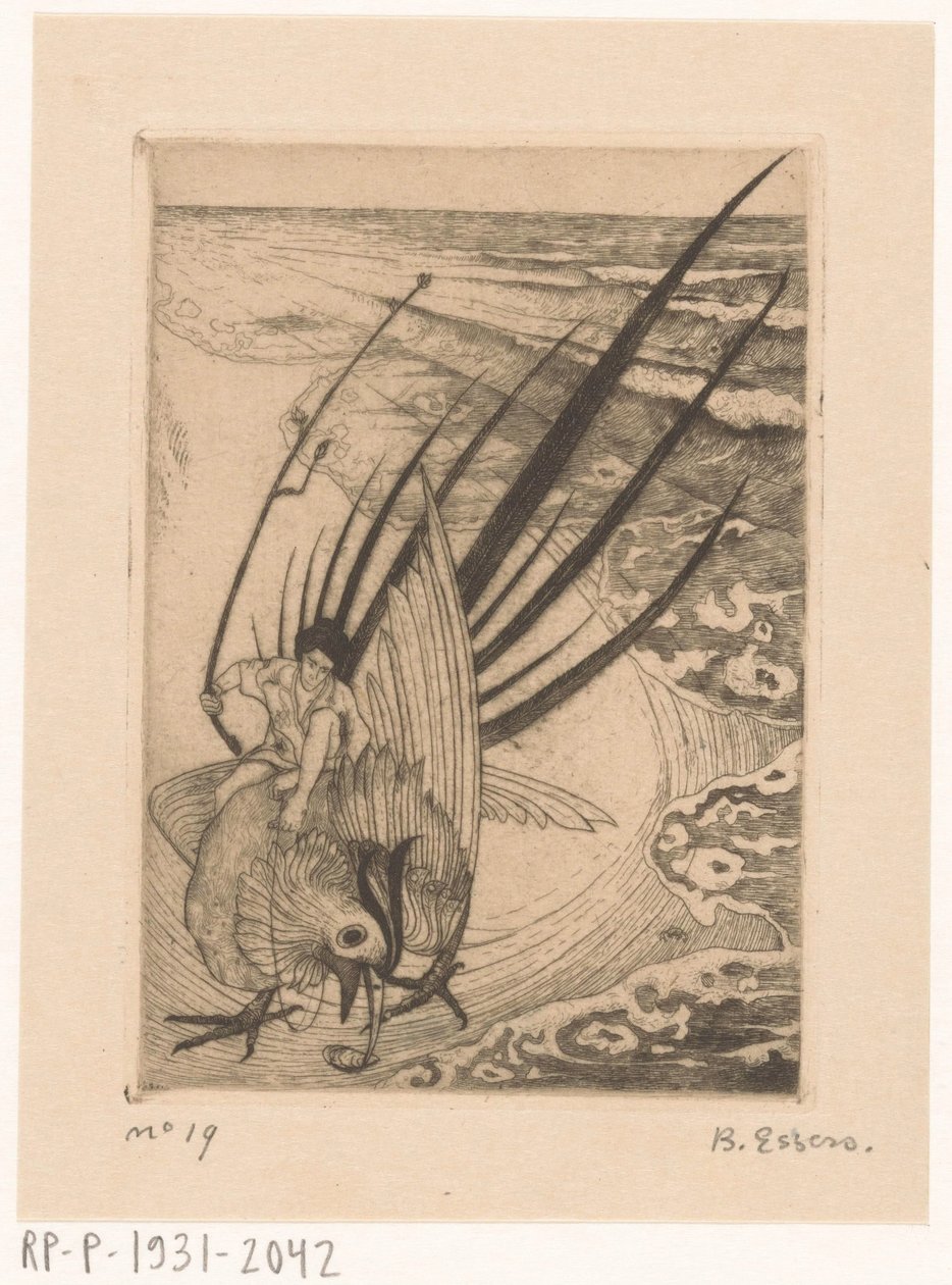 Postava sedící na bažantovi na pláži od Bernard Essers (signed by artist)